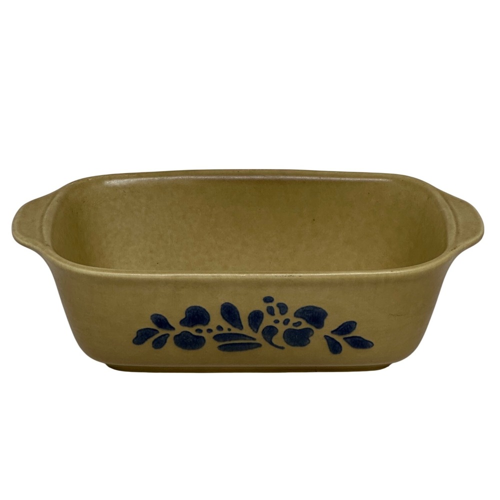 VTG Pfaltzgraff Folk Art Loaf Pan Tan Blue Floral Stoneware Bakeware USA Made